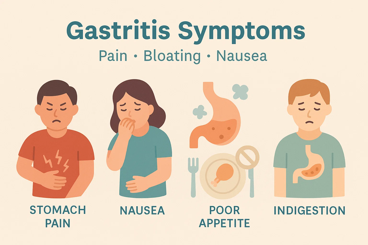 위염 증상 시각자료: 복통, 메스꺼움, 소화불량을 표현한 일러스트