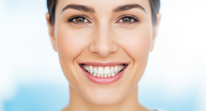 치아교정 후 깨끗하고 가지런해진 치아에 유지장치를 착용한 모습. 교정 치료 후 꾸준한 관리를 통한 재발 방지의 중요성을 강조합니다.