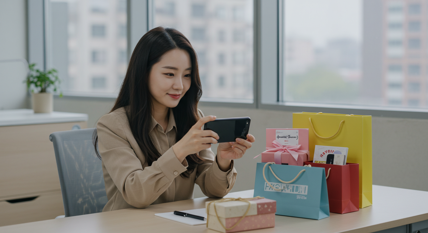 밝은 사무실 책상에 앉아 퇴사 선물을 스마트폰으로 촬영해 SNS에 올리는 한국 여성의 모습