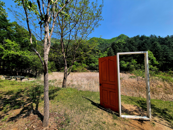 넓은 잔디밭 위에 세워진 나무 문 조형물, 열린 문 너머로 푸른 숲이 보인다