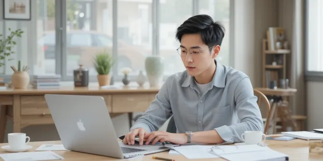 책상에 앉아 노트북으로 이사후 해야할일을 정리하고 확인하는 장면