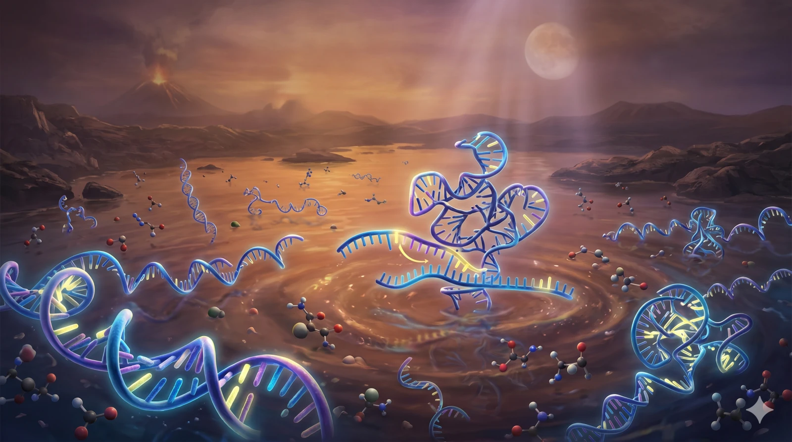 [모래알의 망원경] RNA 세계: 정보 저장 기능과 화학 반응 촉매 기능을 동시에 수행하는 RNA 분자들이 원시 바다 속에서 자기 복제하는 분자 생물학적 모형.