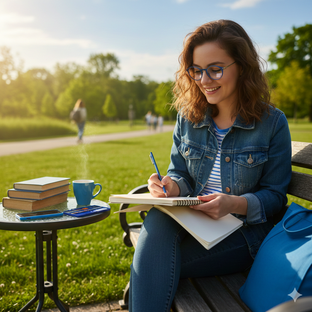 야외에서 스마트폰 없이 책을 읽거나 그림을 그리는 사람이 평화롭게 집중하는 모습