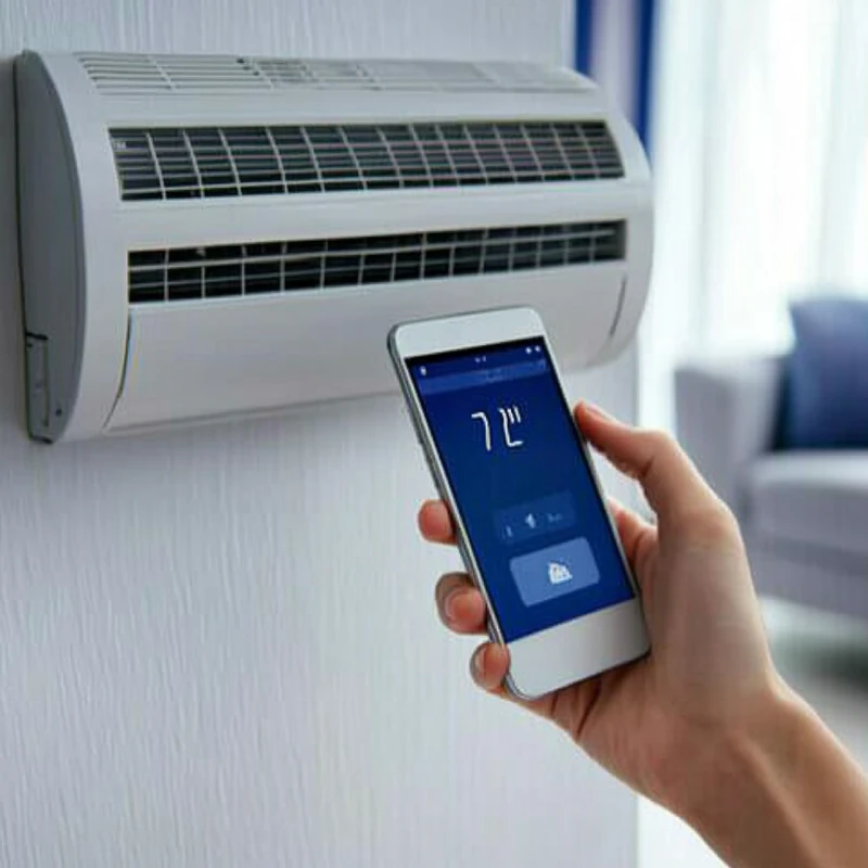 스마트폰으로 벽걸이 에어컨을 원격 조정하여 최신 스마트 기술의 발전을 보여주는 장면. 고급스러운 가구와 함께 모던한 인테리어가 인상적이며, 자연광으로 부드러운 분위기를 더합니다.