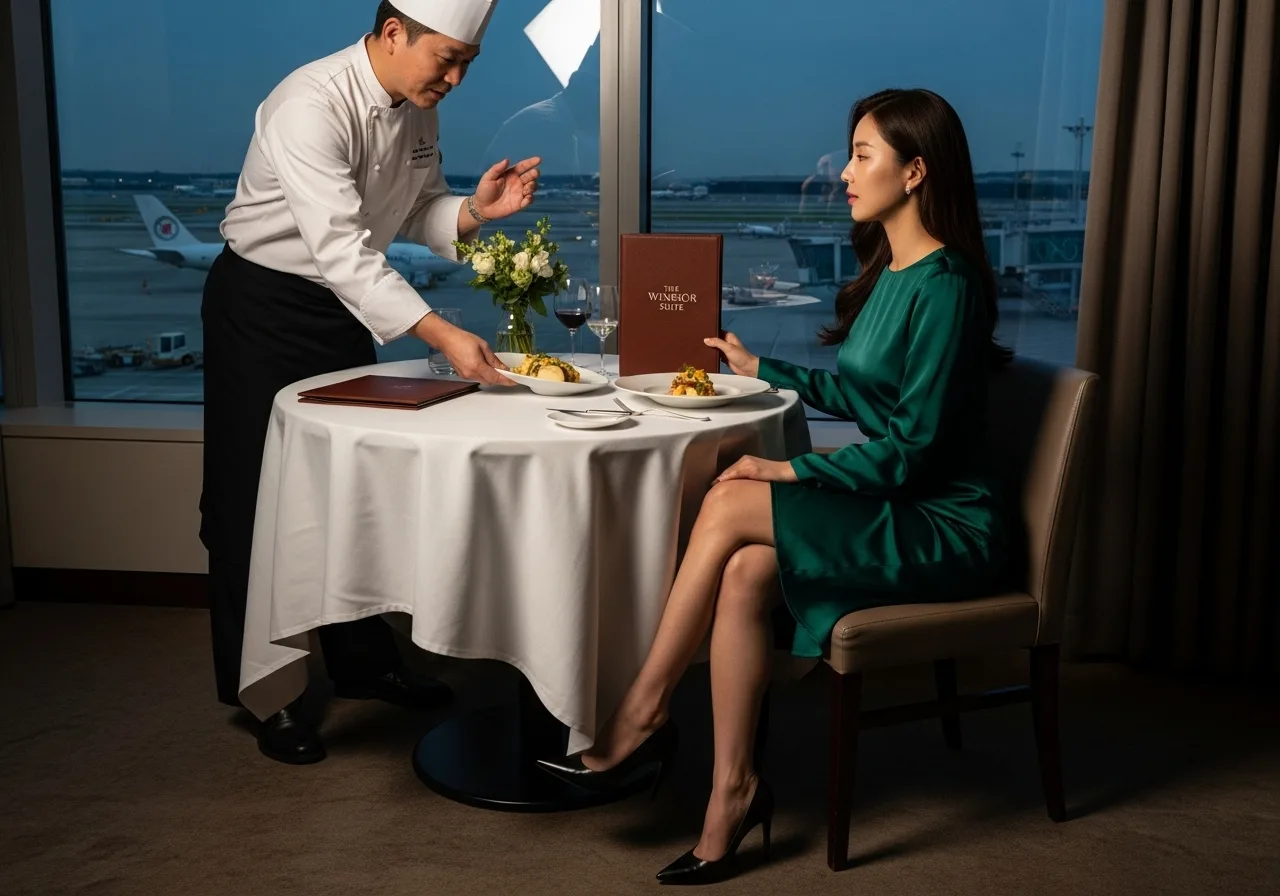 'THE WINDSOR SUITE' 라운지에서 젊은 한국인 여성이 자신만을 위해 준비된 미쉐린 셰프의 요리를 감상하고 있으며, 셰프가 요리를 설명하고 있다