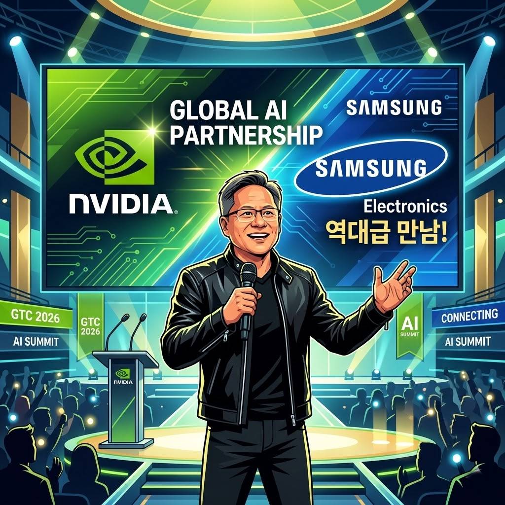 무대 위에서 자신감 넘치는 표정으로 연설하는 젠슨 황과 배경 화면에 띄워진 삼성전자 로고