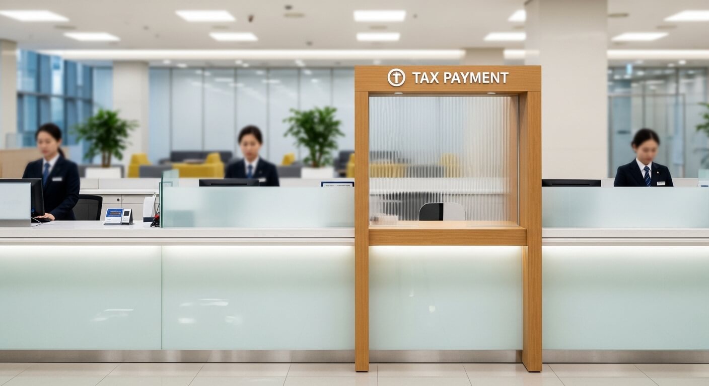 세금 납부 안내판이 설치된 현대식 은행 창구