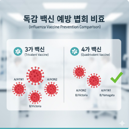 3가와 4가 백신이 예방하는 바이러스 종류를 도식화한 이미지
