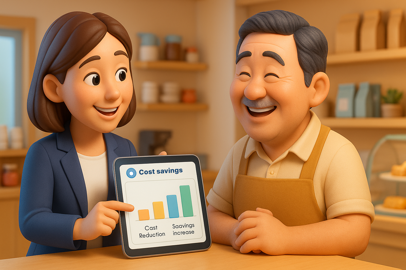 컨설턴트가 태블릿으로 비용 절감 그래프를 보여주자 가게 사장님이 만족스럽게 웃는 모습