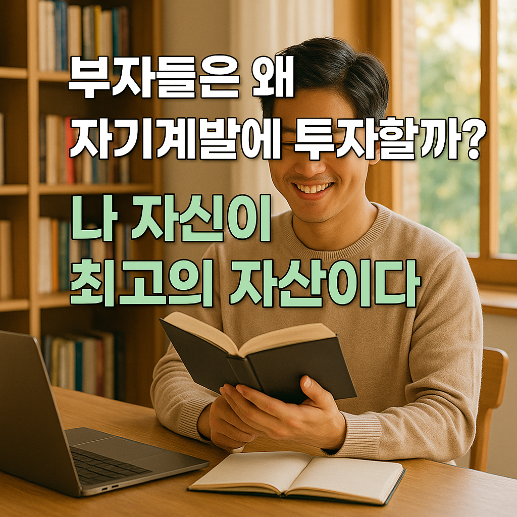 서재에서 책을 읽으며 미소 짓는 남성의 자기계발 모습