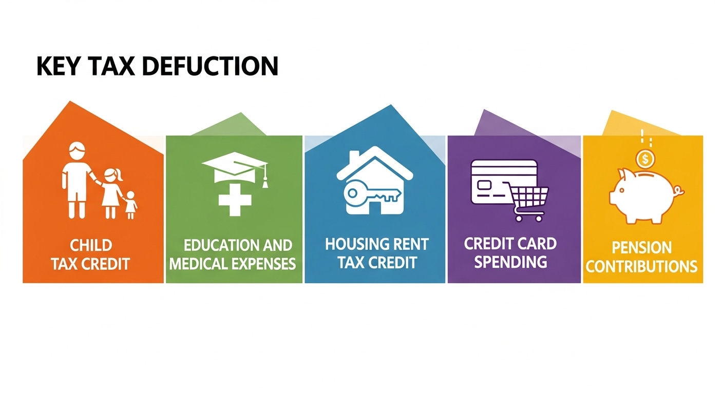 2025년 연말정산 핵심 공제항목(자녀 세액공제, 교육비·의료비, 월세, 신용카드 사용액, 연금저축 등)을 아이콘과 그래픽으로 시각화한 인포그래픽 이미지
