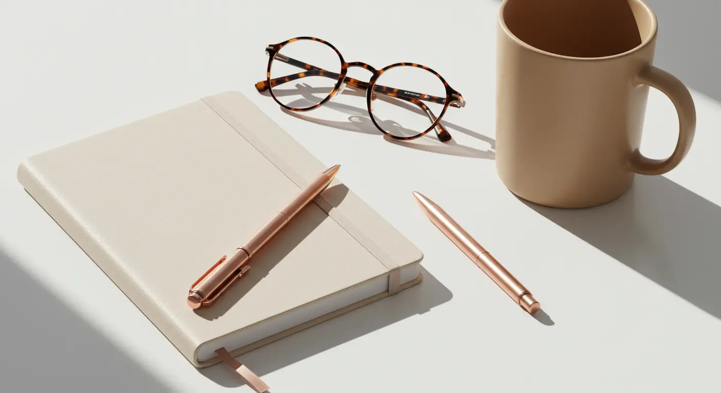 깨끗한 배경 위에 노트, 펜, 안경, 커피잔 등 공부 도구들을 위에서 내려다본 미니멀한 사진