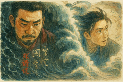 지브리풍 애니메이션 스타일의 중국 무협 드라마 장해전 2막장면, 한쪽에는 강렬한 눈빛의 중년 배우와 어두운 바다와 함께 표현되고, 다른 쪽에는 젊은 배우 남성이 흰 구름과 함께 대비되며 등장하는 일러스트