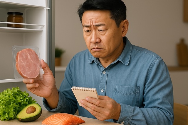 냉장고 앞에서 햄을 들고 건강 체크리스트를 보며 고민하는 중년 남성(출처: 자체제작)