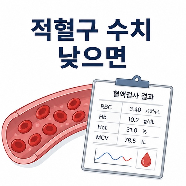 혈관 속 적혈구와 혈액검사 결과지를 함께 배치해 적혈구 수치가 낮은 상태를 설명하는 대표 이미지