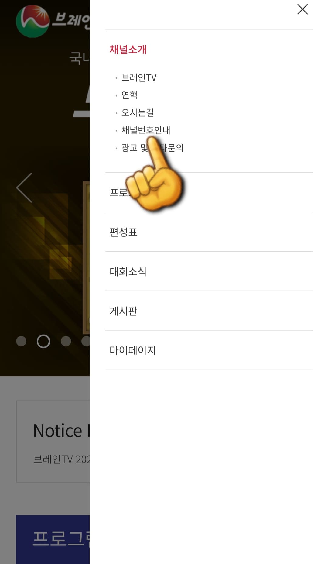 브레인tv-편성표-및-채널번호-안내-첫번째-줄에-있는-채널소개-메뉴를-선택하고-네번째-줄에-있는-채널번호안내를-클릭합니다.
