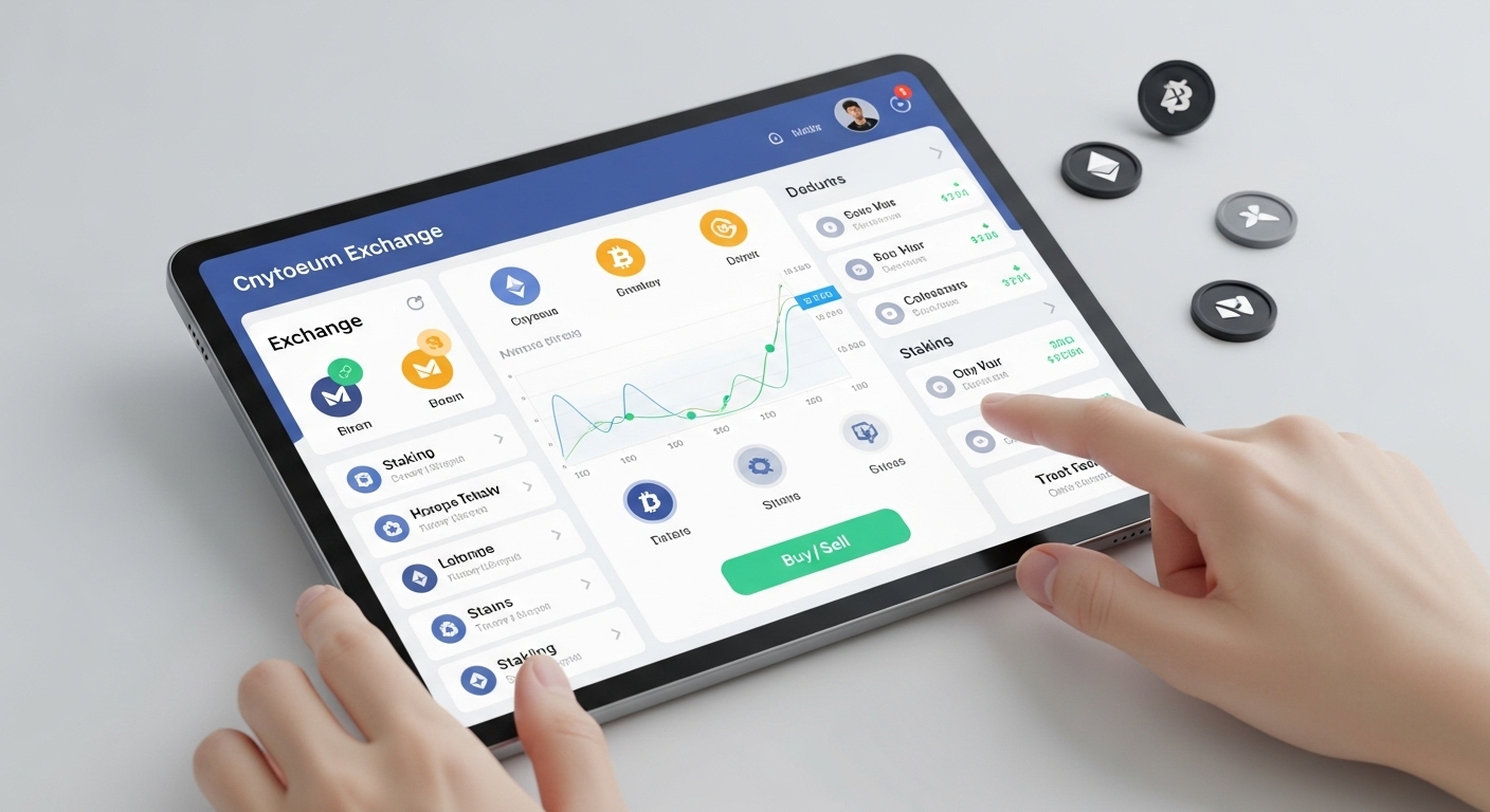 스마트폰 화면에 직관적인 차트와 다양한 코인, 거래 기능을 보여주는 사용자 친화적인 코인거래소 인터페이스 이미지.