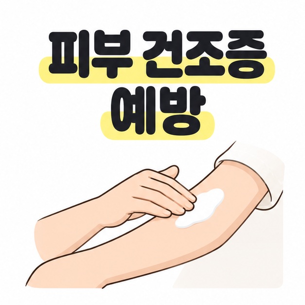 피부 건조증 예방이라는 제목 아래 손으로 팔에 흰 보습 크림을 펴 바르는 대표 이미지