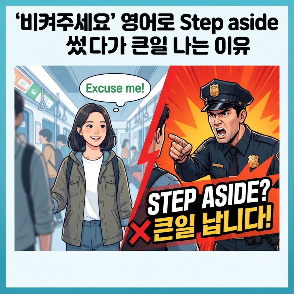 "비켜주세요 영어로 Excuse me와 Step aside의 뉘앙스 차이를 비교하는 일러스트 썸네일"