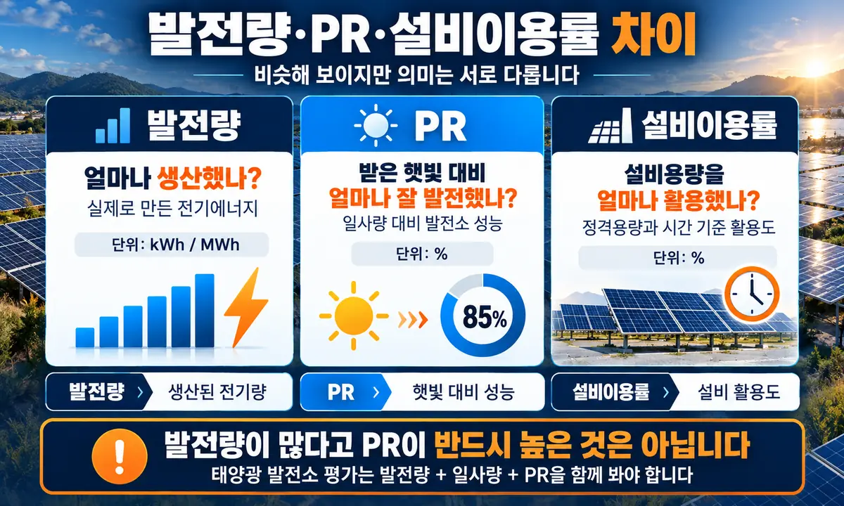 태양광 발전량 PR 설비이용률 차이 비교 인포그래픽