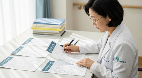장기요양 신청서류를 책상에 놓고 검토하는 모습