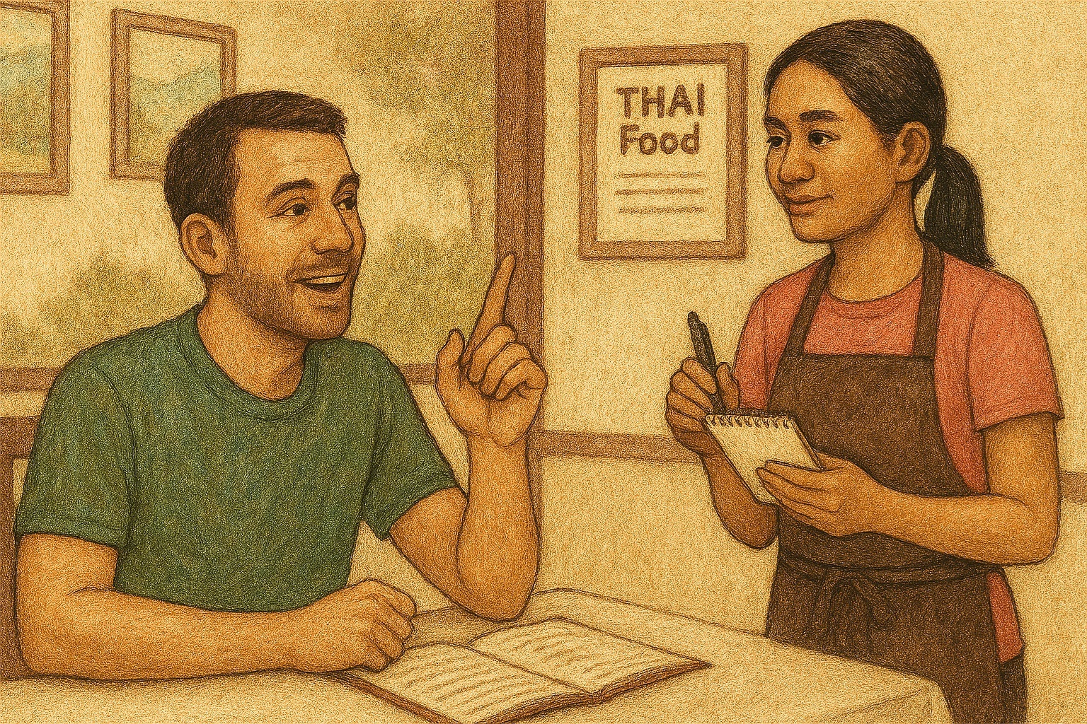 태국 식당에서 종업원에게 무언가를 요청하는 관광객의 모습