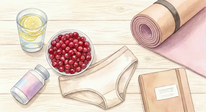 밝은 나무 질감의 테이블 위에 여성의 건강 관리를 위한 다양한 물건들이 수채화 스타일로 평온하게 놓여 있는 그림입니다. 투명한 유리잔에 레몬 조각이 담긴 물, 하얀 그릇에 가득 담긴 붉은 크랜베리 열매, 베이지색 면 속옷, 분홍색과 갈색이 섞인 돌돌 말린 요가 매트, 펼쳐진 일기장, 그리고 하얀색 뚜껑이 있는 건강 보조제 병이 자연스러운 빛을 받으며 정갈하게 배치되어 있습니다.