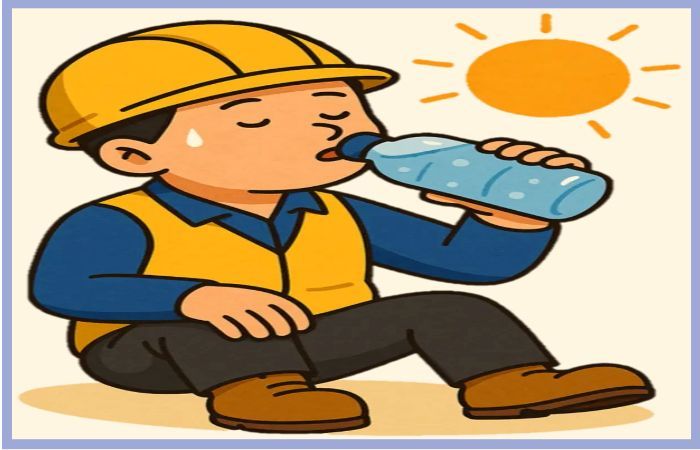 햇빛 아래 안전모를 착용한 근로자가 물을 마시며 더위를 식히는 모습, 폭염 예방 행동 예시