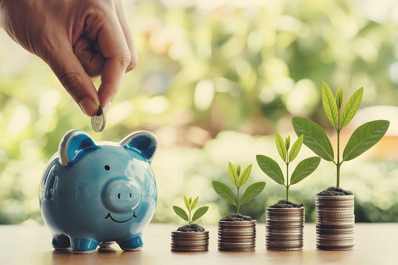 저축 vs 투자 – 왜 예금 만으로는 안 되는 시대가 되었나? 돼지저금통에 동전을 넣는 손의 모습.