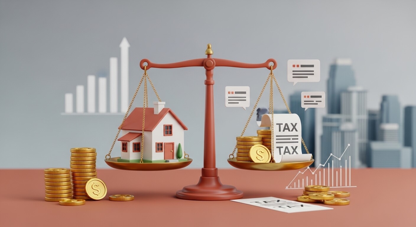 양쪽저울에 왼쪽에는 집이 오른쪽에는 tax와 금화가 올려져있다