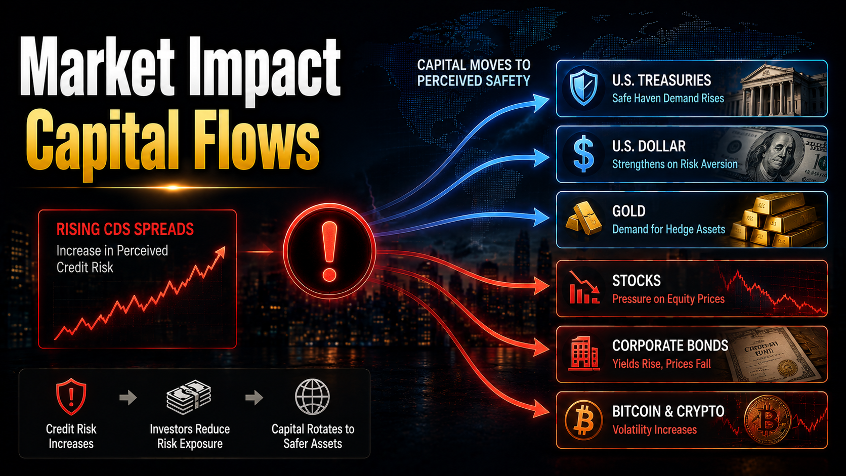 Impact of rising CDS spreads on stocks, bonds, Treasuries, the U.S. dollar, gold, cryptocurrencies, and global capital flows.