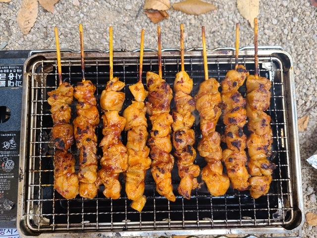 숯불위에 올라가있는 닭꼬치