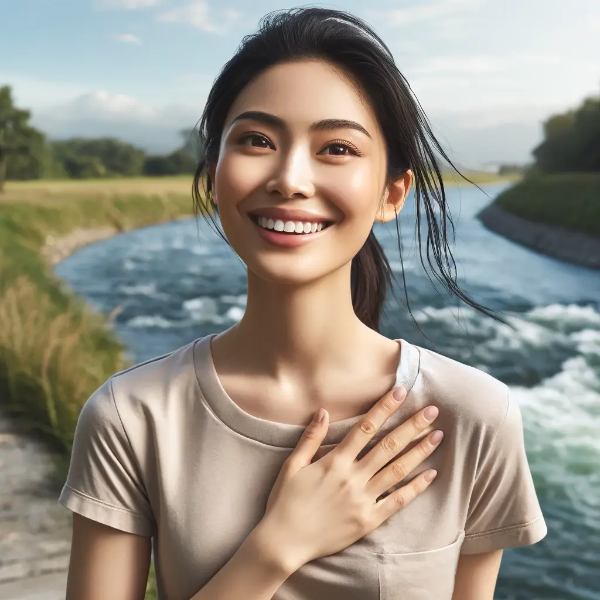 강가에서 밝게 웃으며 가슴을 살짝 누르는 동양인 여성