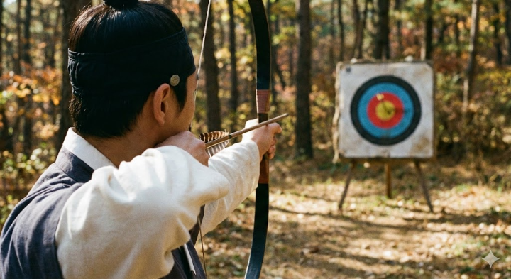 활시위를 당기고 있는 궁수의 뒷모습