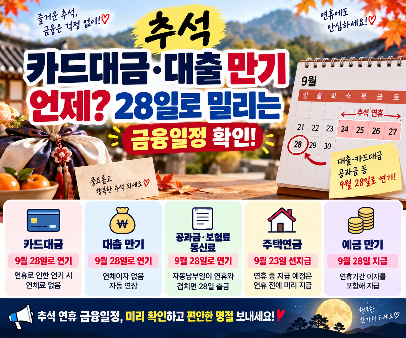 추석 연휴 9월 24일부터 27일까지 카드대금&middot;대출 만기&middot;보험료&middot;통신료&middot;공과금 납부일이 겹치면 9월 28일로 연기되는 금융일정을 안내하는 이미지