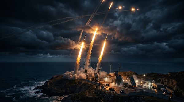 날아오는 미사일을 요격하기 위해 하늘로 날아오르는 요격 미사일의 모습