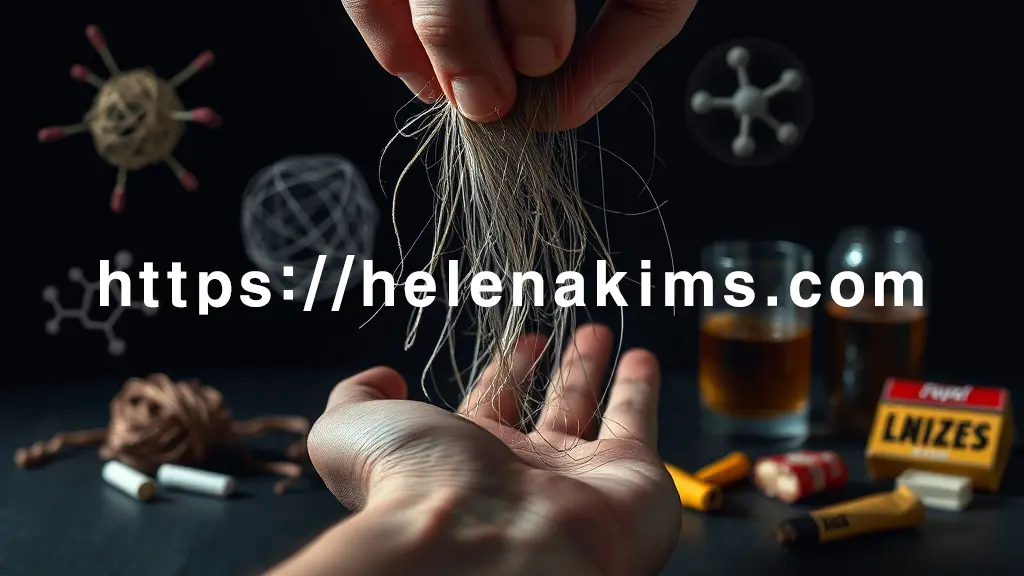 어두운 배경 중앙에 힘없이 가늘어져 손에서 미끄러지는 모발, 주변에는 담배, 술잔, 그리고 인스턴트 음식 조각(생활 습관)들이 배치되어 탈모의 복합적 원인들을 암시하는 이미지