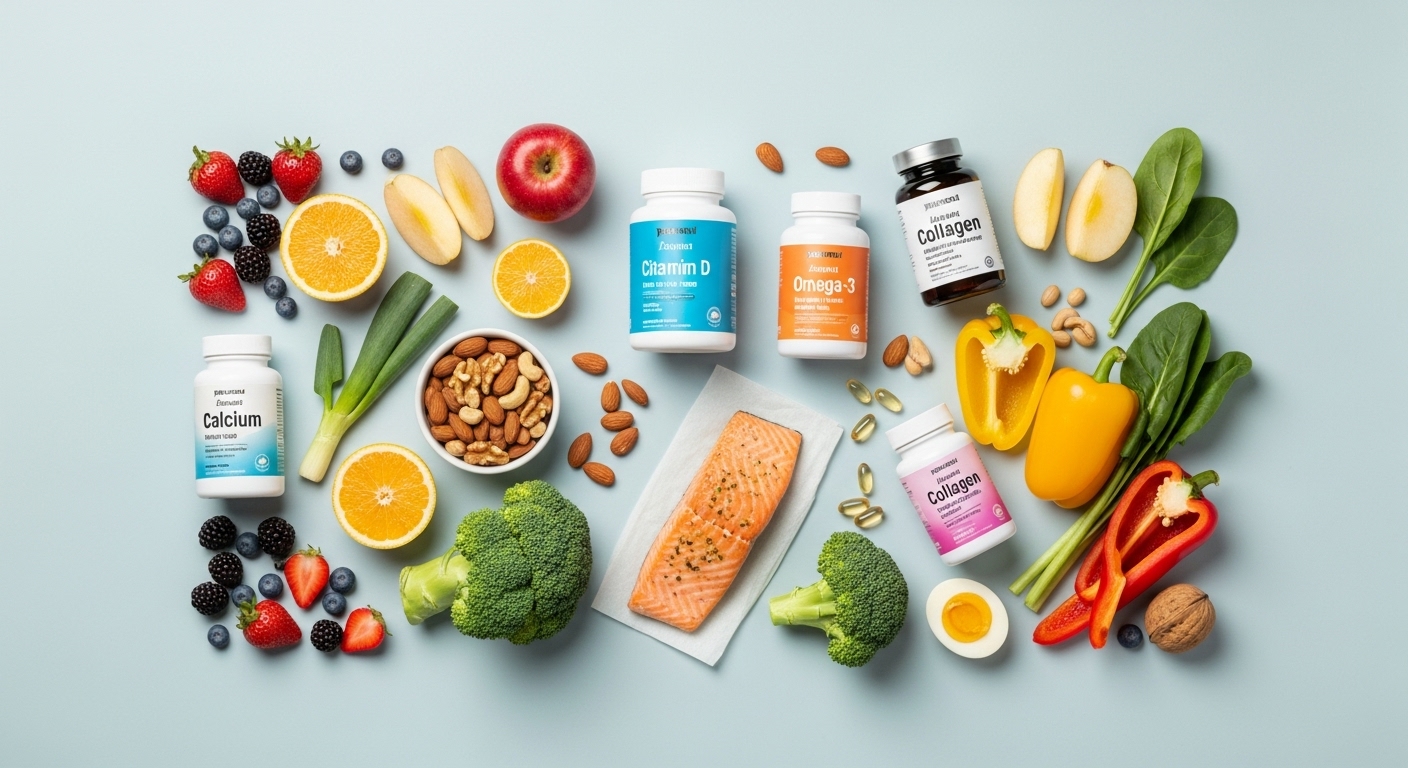 4050 세대를 위한 건강 식단과 영양제를 나타내는 플랫 레이 이미지. 신선한 과일, 채소, 연어, 견과류와 함께 칼슘, 비타민D, 오메가-3, 콜라겐 보충제가 놓여 있다.