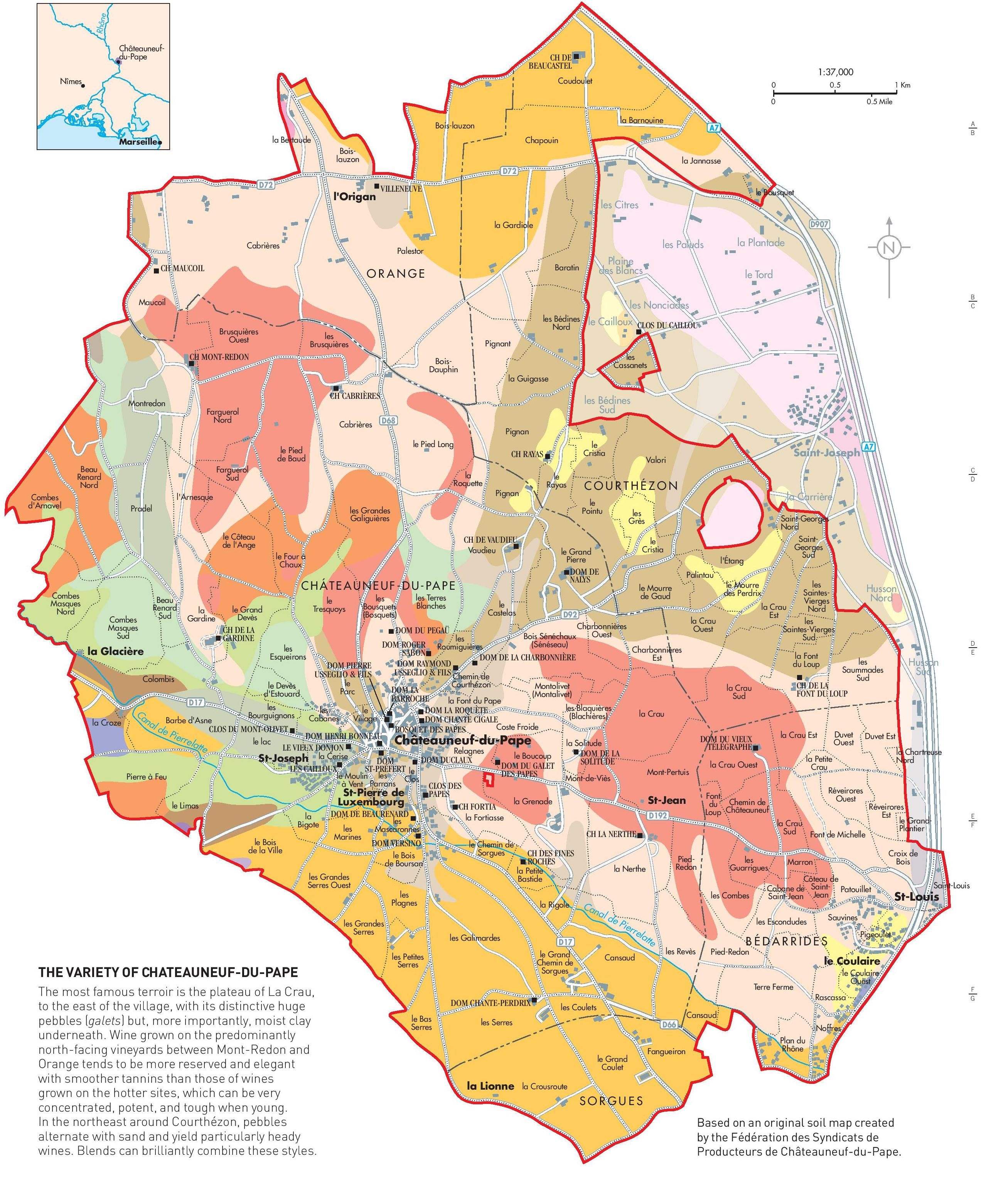 샤토네프 뒤 빠프(Chateauneuf du Pape)의 포도밭 지도
