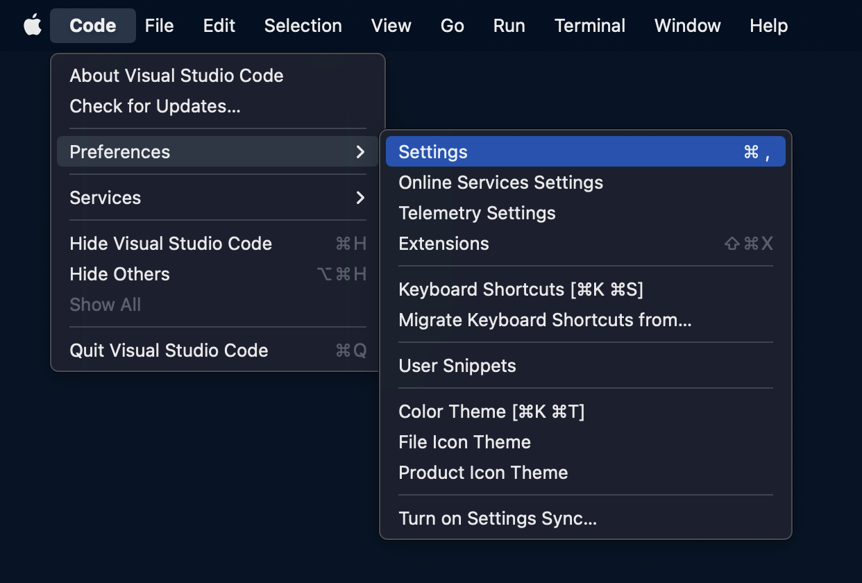 vscode에서-code-메뉴를-눌러서-세팅에-들어간다