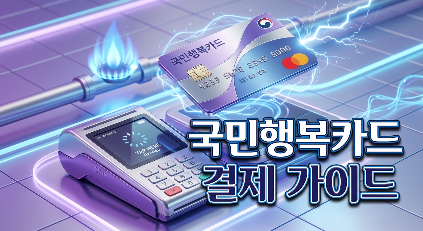 전기 스파크와 푸른 가스 불꽃이 어우러진 배경 위로, 현대적인 결제 단말기에 떠 있는 윤기 나는 스마트 결제 카드(국민행복카드)의 3D 일러스트, 그리고 짙은 그림자와 외곽선으로 선명하게 강조된 '국민행복카드 결제 가이드'라는 한글 문구가 중앙에 적힌 이미지