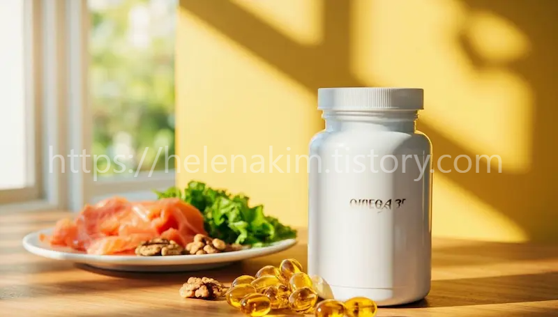 하얀 접시에 연어, 견과류, 싱싱한 채소가와 건강 식품 보조제 병이 있는 모습.