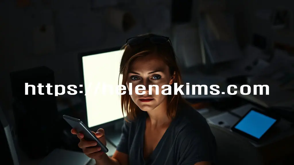 한 여성이 어두운 공간에서 컴퓨터 모니터를 켜 놓고, 스마트폰을 하고 있는 모습.