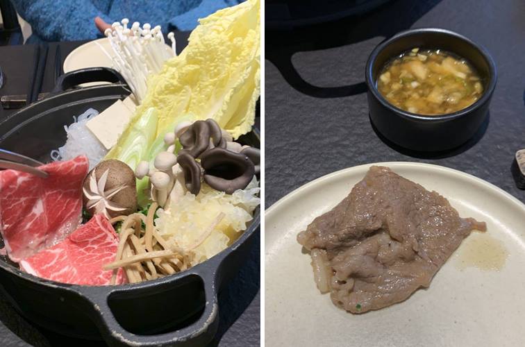 직원이 끓여주는 샤브샤브와 익혀진 고기