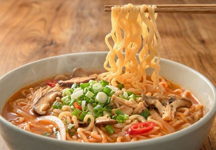 콜레스테롤 수치 관리를 위해 표고버섯, 팽이버섯, 대파 등 식이섬유가 풍부한 채소를 듬뿍 넣은 건면 조리 사진