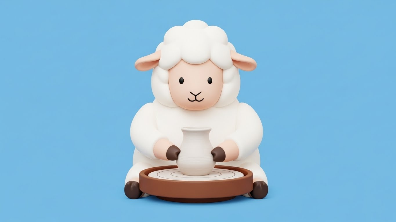 물레 위에서 도자기를 빚으며 예술적 감성을 뽐내는 양 캐릭터의 2D 플랫 벡터 일러스트