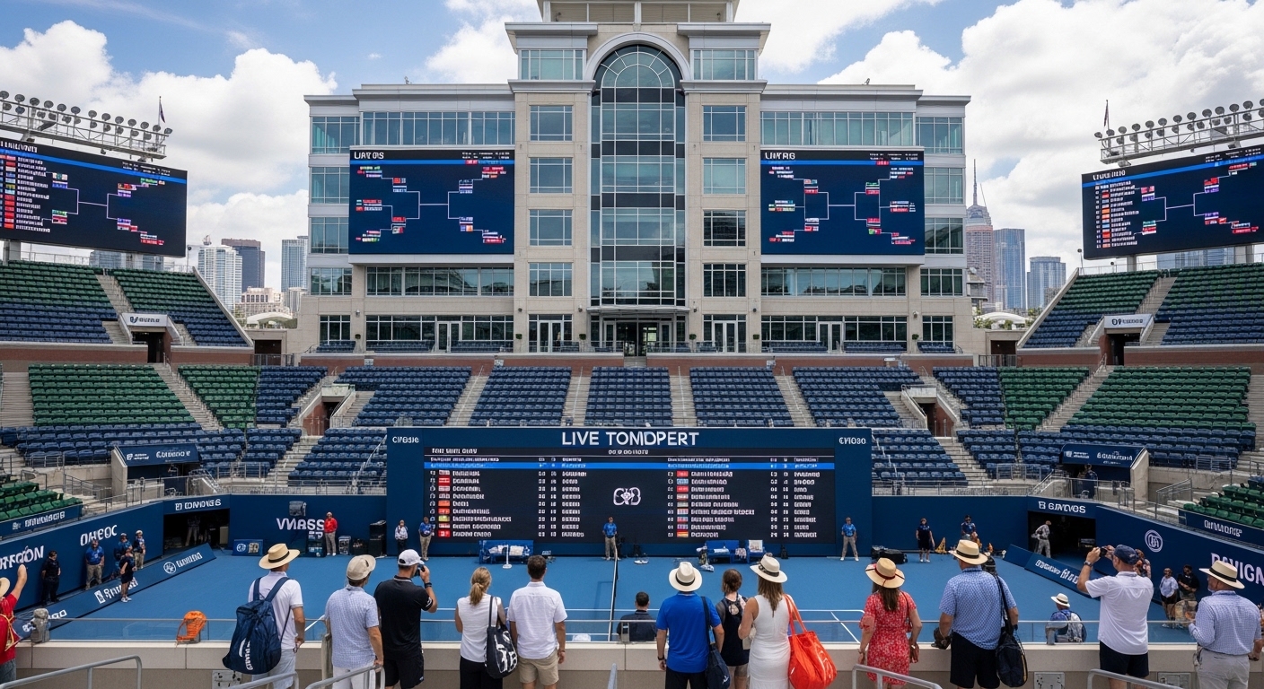 대회 운영본부와 대진표가 게시된 경기장 전경