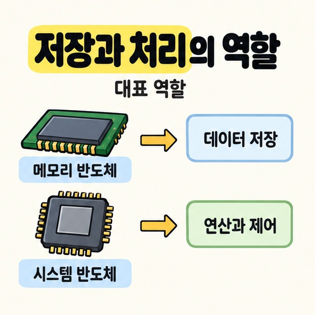 메모리 반도체를 데이터 저장에, 시스템 반도체를 연산과 제어에 연결하고 대표 역할이라고 표시한 도식