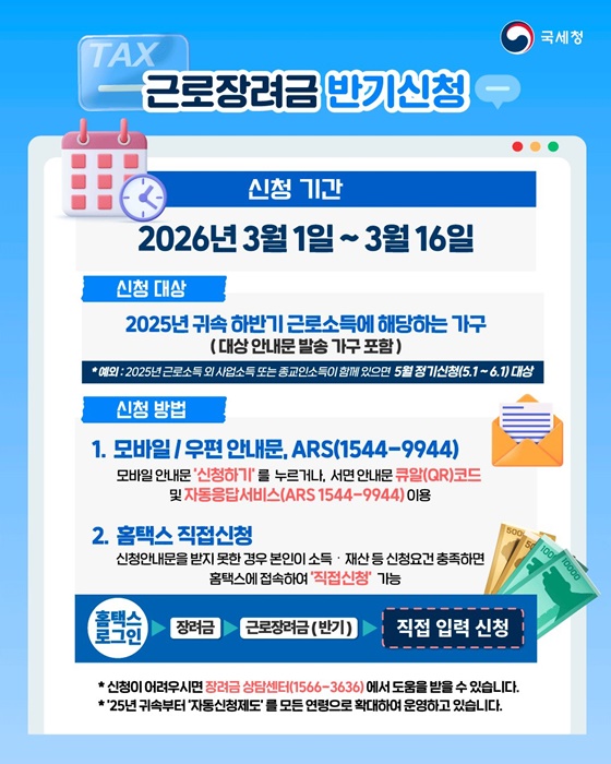 2026 근로장려금 반기신청 기간 3월 1일부터 3월 16일까지 신청 안내 국세청 카드뉴스 l 출처: 국세청
