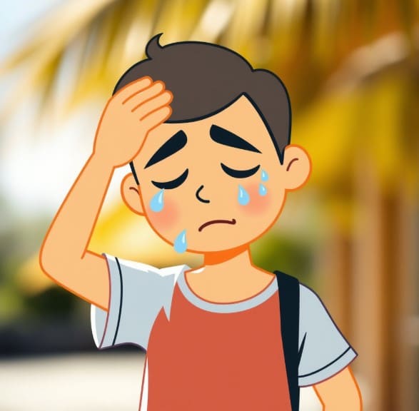 일사병 증상인, 땀을 많이 흘리고 있는 지친사람이 있습니다.